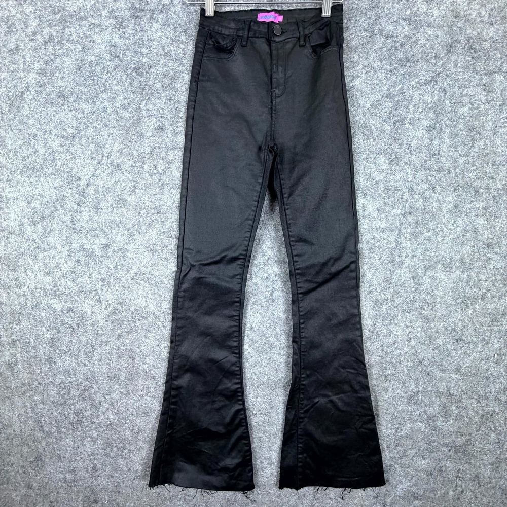 Edikted Pants Womens Small Coated Black Stretch Flared Leg Raw Hem Goth Rocker